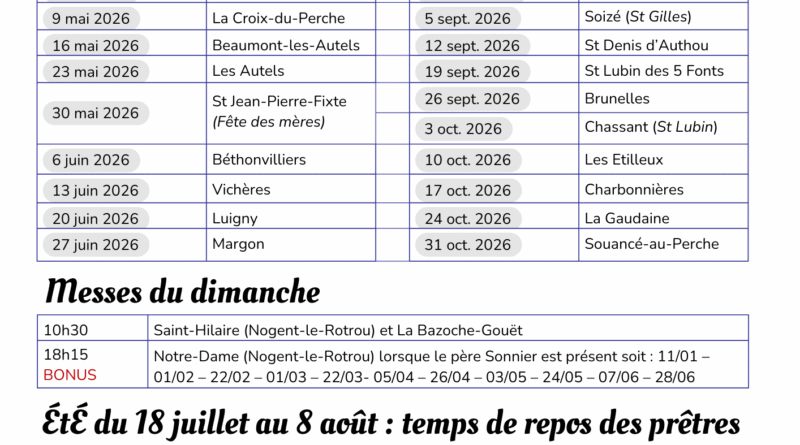 Nouveaux Horaires des messes à partit du 1er janvier